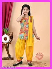 Ethnic kids Kurta Set with Dupatta For Girls-Party Wear Patchwork Kurta Pyjama