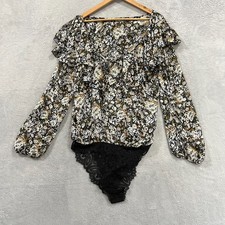 Free People Women's Large Black-Multi Pattern Bodysuit Blouse Preppy Floral Tie