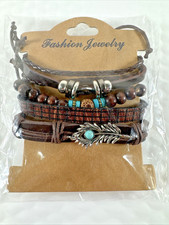 Set Of 4 NEW Leather Braided Bead Bracelets BOHO