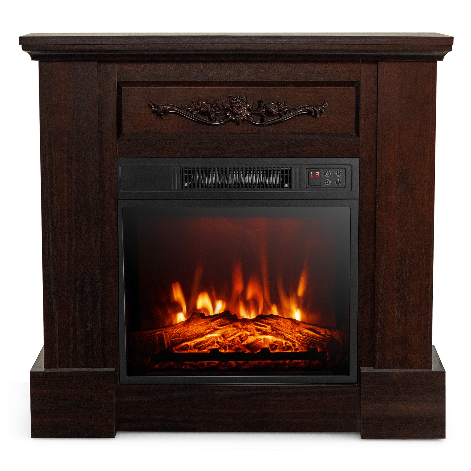 32" Electric Fireplace Mantel TV Stand Space Heater 1400W w/Remote Control Brown