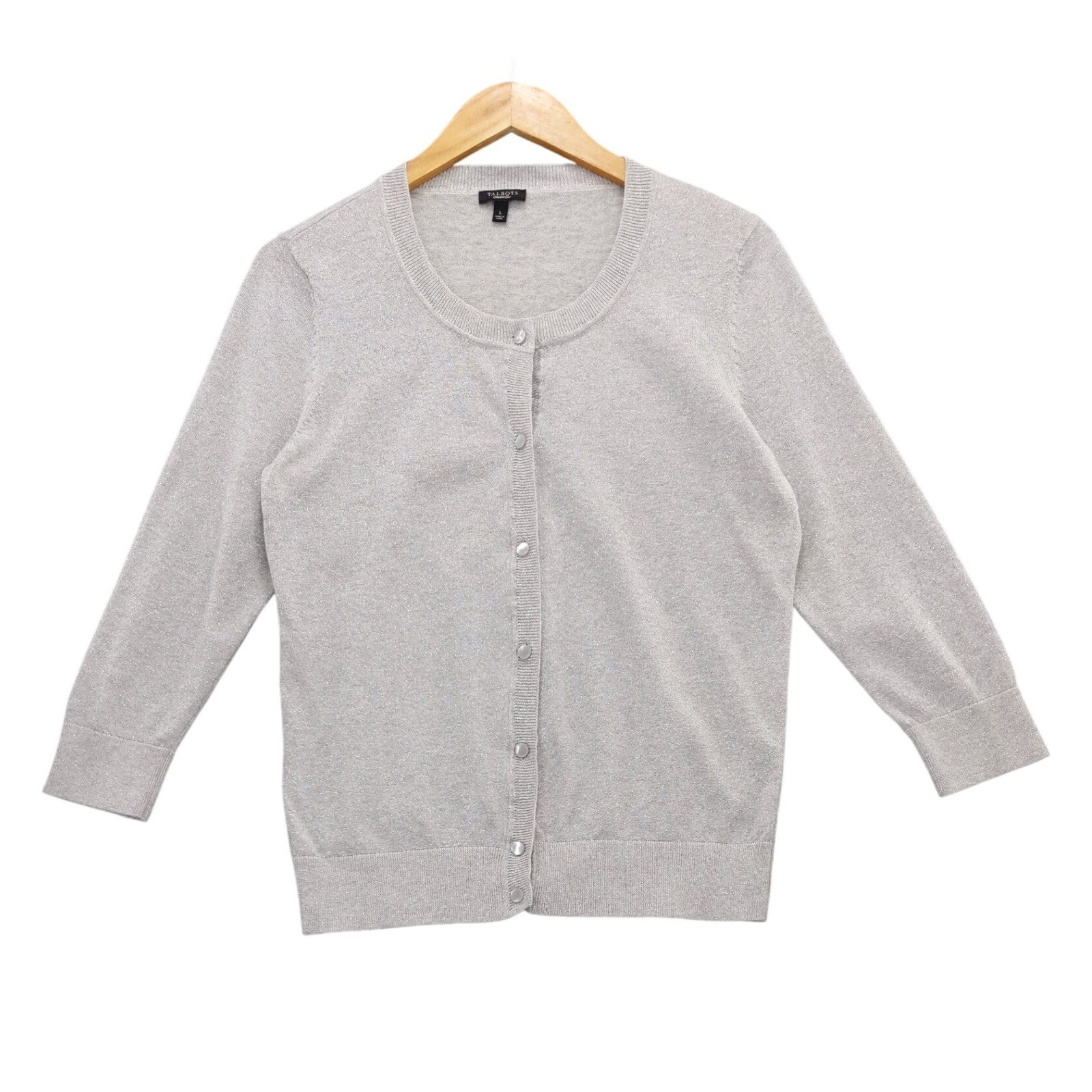 Talbots Womens Cardigan Sweater Silver Sparkle Knit Button Front Long Sleeve L