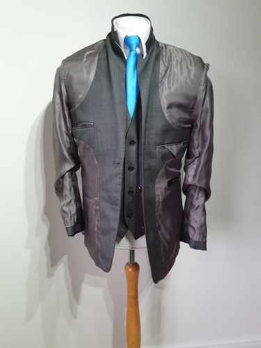Blazer mens 3 piece suit Ch40"R W34" L32" Grey Sharkskin Prom Wedding - Picture 11 of 15