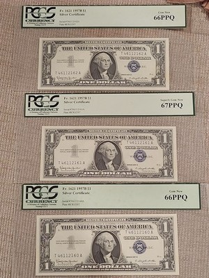 $1 1957-B Silver Gem Fr. 1621 2X PCGS 66 PPQ 1X 67PPQ 3 NOTES CONSECUTIVE