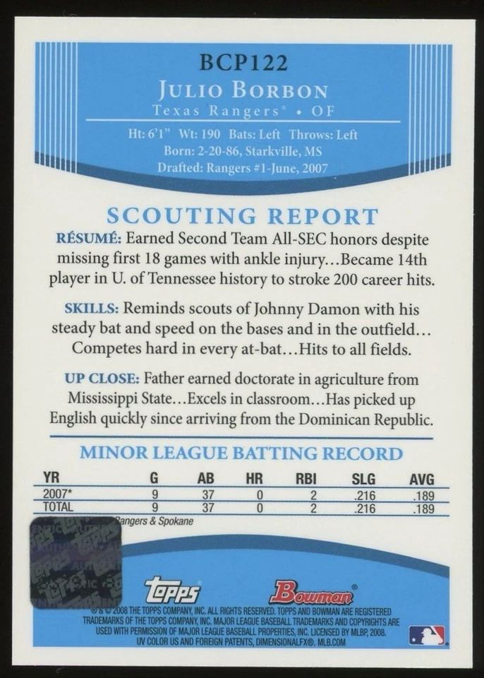 2008 Bowman #BCP122 Julio Borbon Autograph Auto Texas Rangers Card - Image 2 of 2