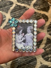 Mini Petite Dainty 2x3" Bejeweled Rectangle Blue Flower Clear Gem Picture Frame