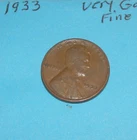 1933   WHEAT CENT  AVERAGE CIRCULATION  VERY GOOD #3