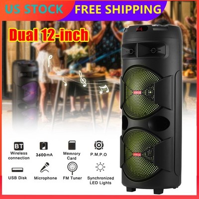 Dual 12'' Woofer Portable FM Bluetooth Party Speaker Heavy Bass Sound With Mic