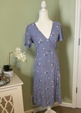 Madewell Floral Wrap Midi Dress Blue Short Sleeve Tie Waist Size 0