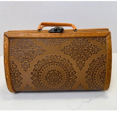 Vintage Wooden Box Purse Mandala Embossed Boho Handbag Brown Carved Wood Clutch