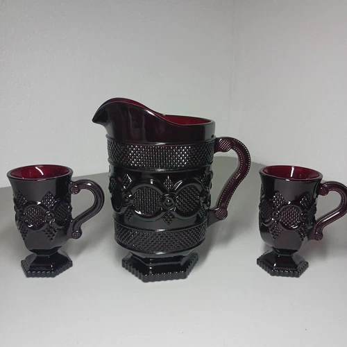  VTG Ruby Red Cape Cod Avon Pitcher And 2 Footed Mugs Beautiful 