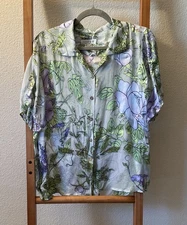 NWT CITRON sheer Burnout blue floral button-down short sleeve top