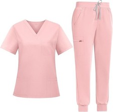 Women Nurse Uniform Suit Women Medical Scrubs Top and Pants Pink X-Large