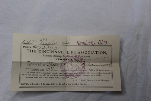 1899 Receipt From The Cincinnati Life Association Sandusky, Ohio Antique