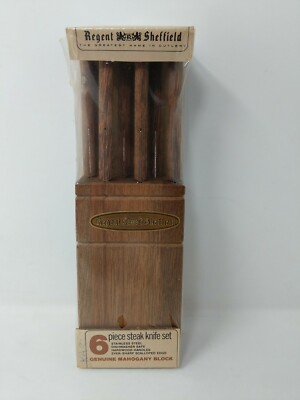 Vintage Regent & Sheffield 6 Piece Steak Knife Set w/ Genuine Mahogany Block NOS