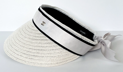 22C CHANEL WHITE BLACK RAFFIA RIBBON SUN VISOR L | eBay