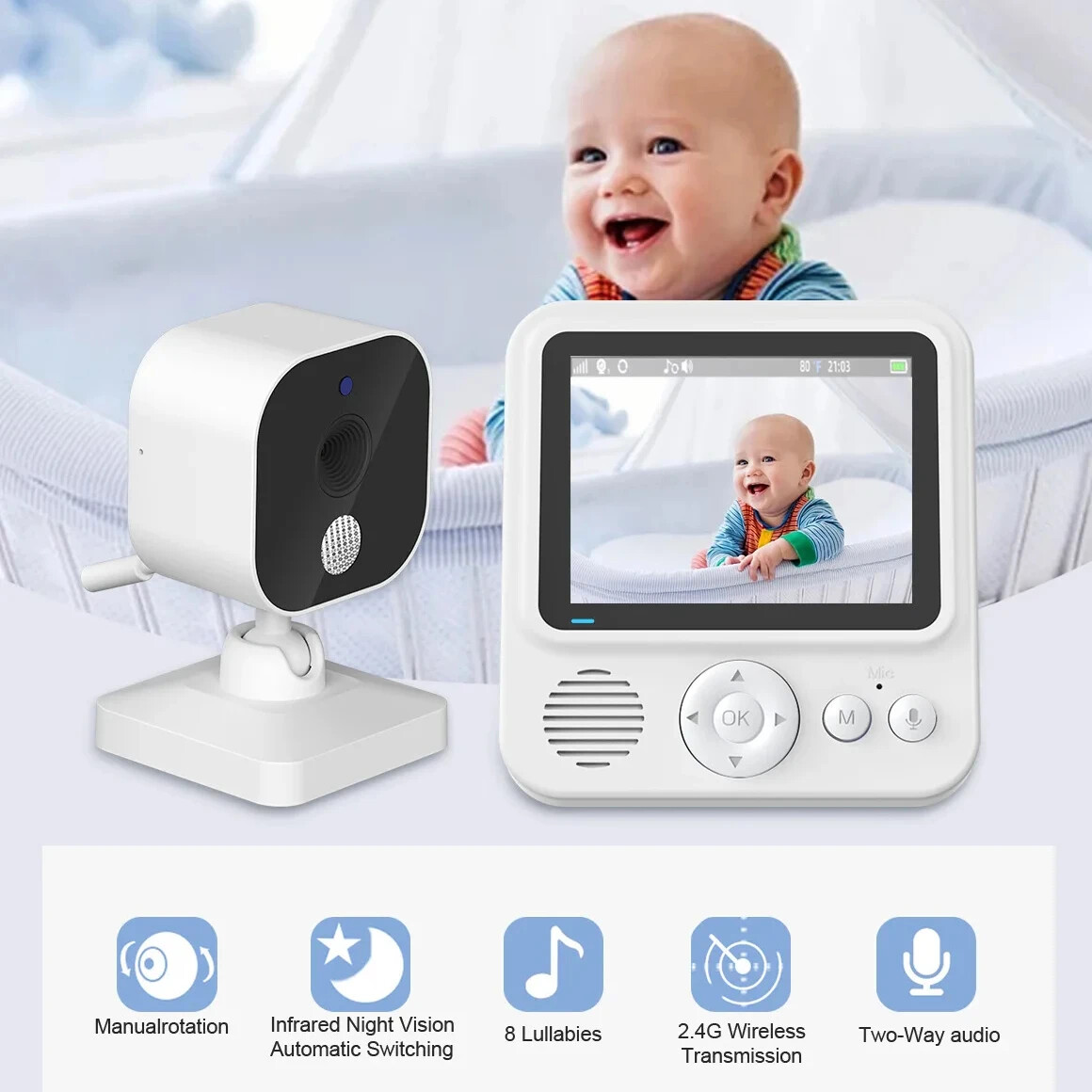 Baby Monitor 2.8 Inch Video Wireless 2 Way Talk IPS Screen Lullaby Night Vision-image