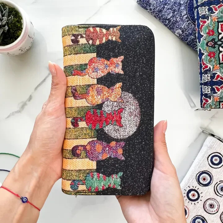 Boho Wallet For Women, Handmade WOVEN FABRIC 100 COTTON CATS ON A