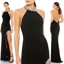 Mac Duggal 26533 Slit Black Halter Gown Maxi Jersey Stretch Rhinestones Size 4