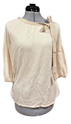 Cable And Gauge Cashmere Blend Bow Neck Sweater Ivory Gold Bow  SZ L Coquette
