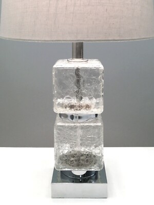 Crackle Glass Cube Chrome Table Lamp Mid Century Modern Vintage