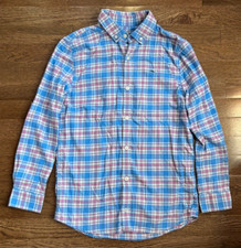 Vineyard Vines girl Whale Shirt long-sleeve plaid flannel blue pink M 12-14 EUC