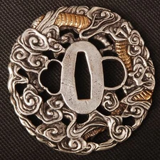 Dragon Gold & Silver Plated Brass Tsuba Hand Guard for Katana Wakizashi Tanto