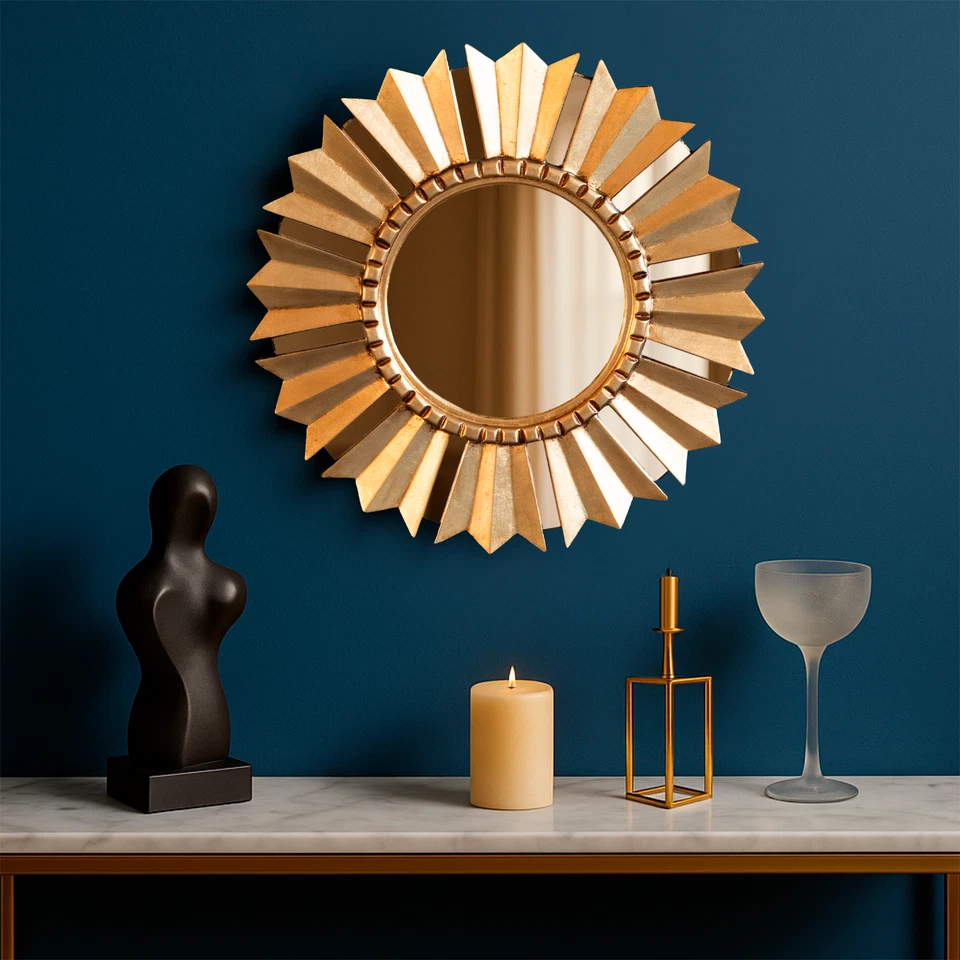 Handmade Gold Round Mirror Peru Sunburst Accent Wall Mirror with Bronze Leaf - Image 4 of 4