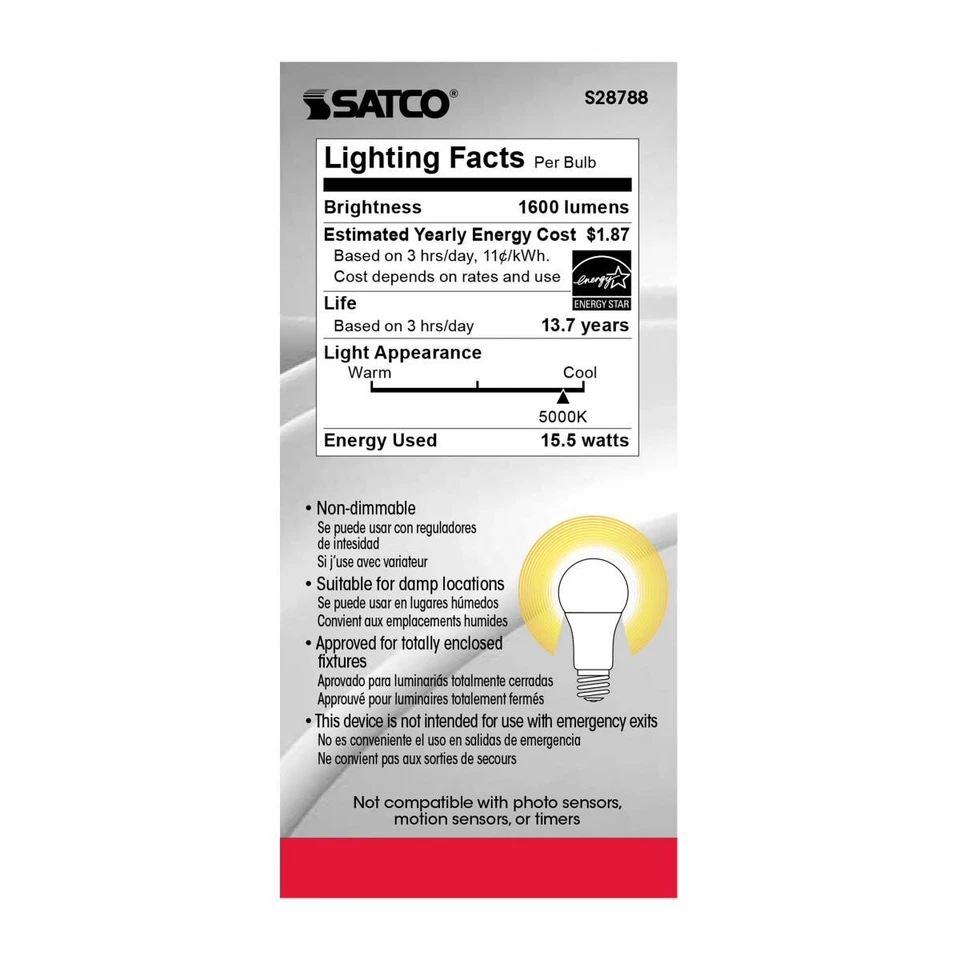 Satco S28788 - 15.5 Watt A19 LED Light Bulbs - 5000K - 120 Volts (6 Pack) - Image 4 of 4
