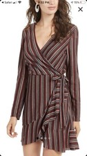 Crystal Dolls Side Tied Striped Long Sleeve Short Wrap Dress Brown Juniors XXS