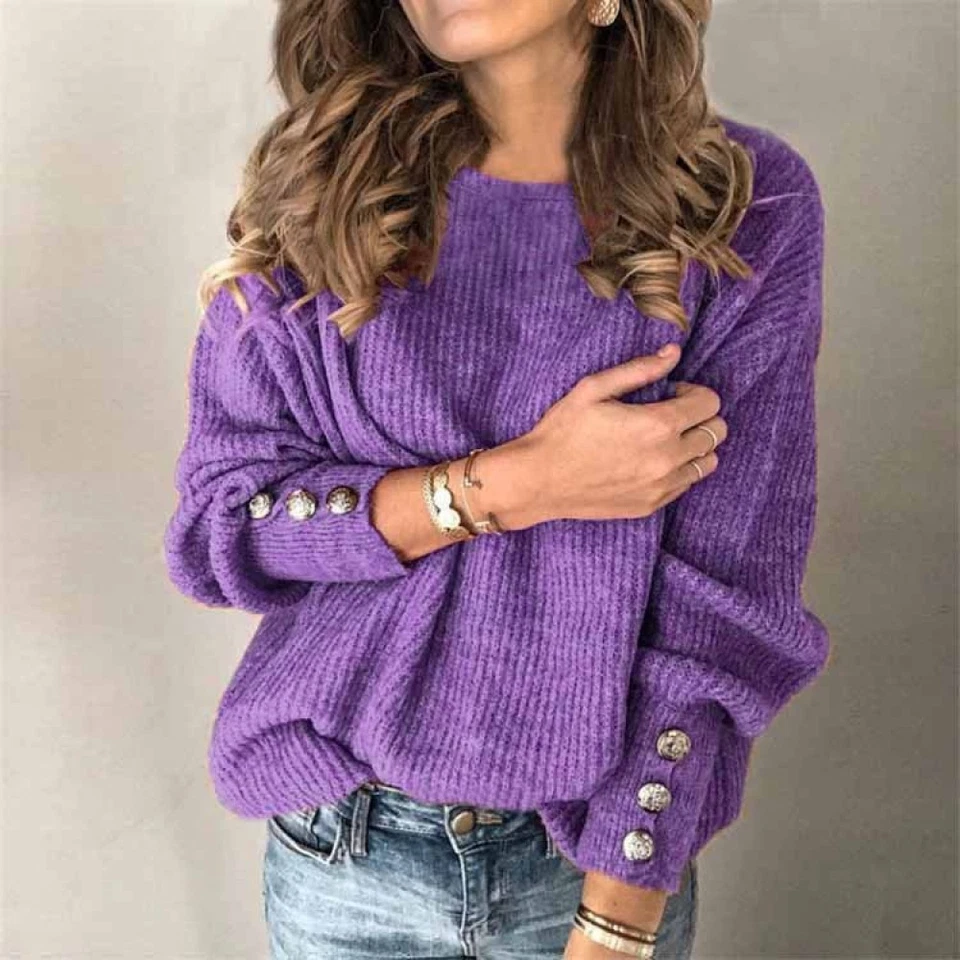 Womens Long Sleeve Ladies Basic Knitted Sweatshirt Blouse Tee Loose Jumper Tops - Image 3 of 4