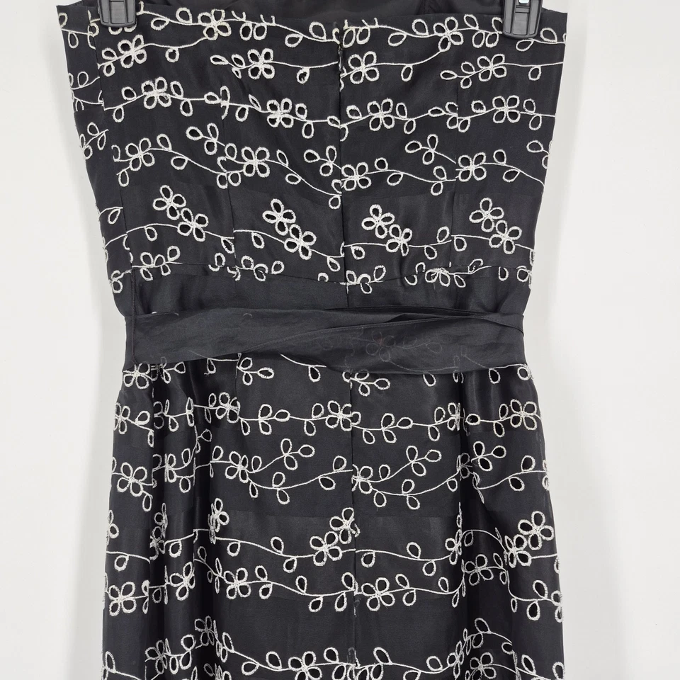 Maxi Vestido Formal Kay Unger Negro Blanco Bordado Sin Tirantes Seda Talla 4 Foto 3 de 4