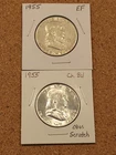 2 Lowest Mintage 1955 Franklin Half Dollars, EF & Ch BU Scratched