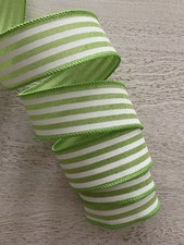 5 YARDS LIME GREEN WHITE STRIPE WIRE EDGE RIBBON 1 1/2" Wide - EVERYDAY