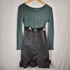 Vera Wang Green Black Long Sleeve Dress Sequin Waist Pockets US 4 Fit & Flare