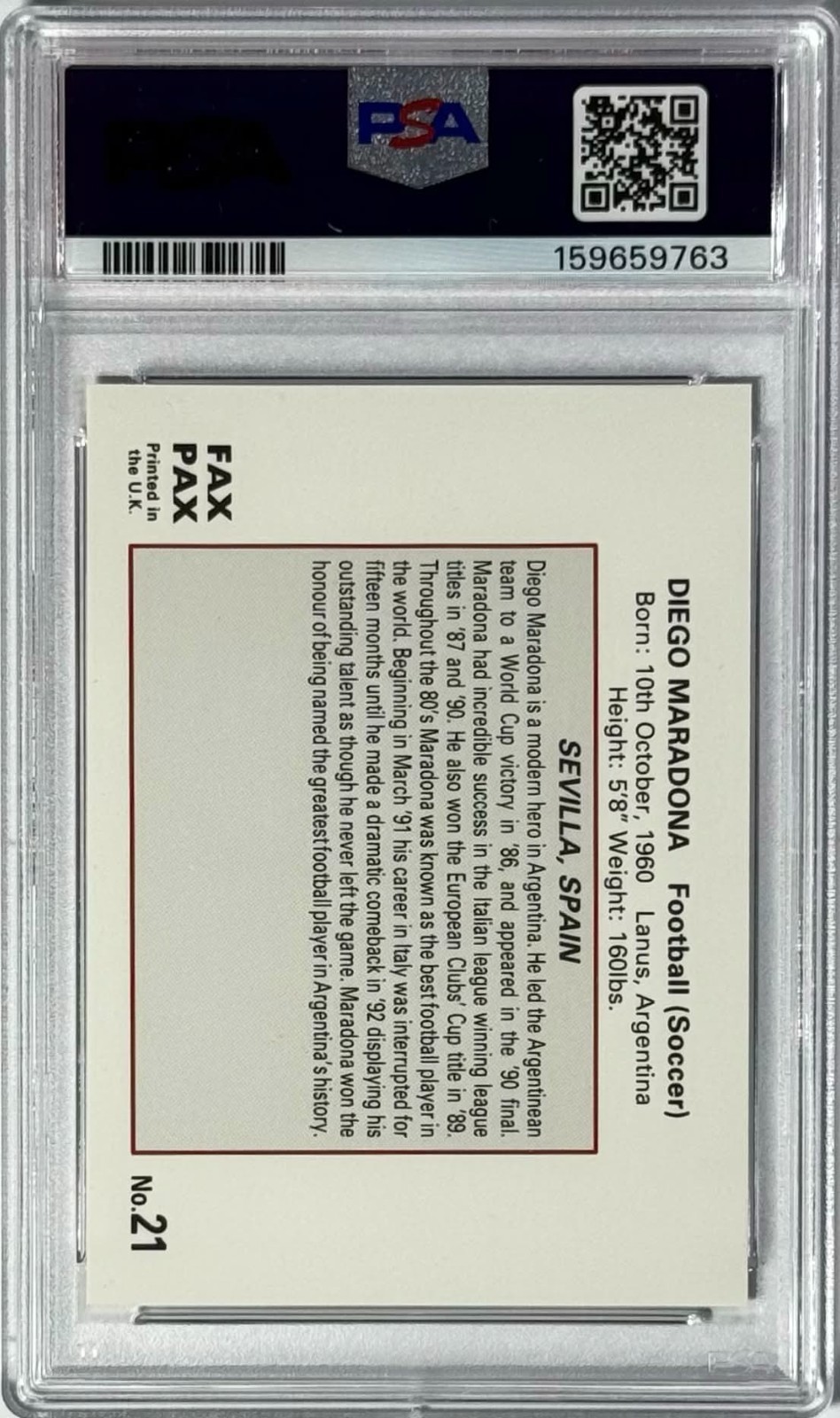 Diego Maradona 1993 Fax Pax World of Sport #21 PSA 9 (MINT) Soccer Card view 2