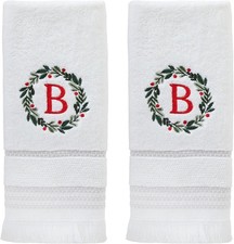 SKL Home Christmas/Winter Wreath Monogram Hand Towel B 2pc Set 16x26, White
