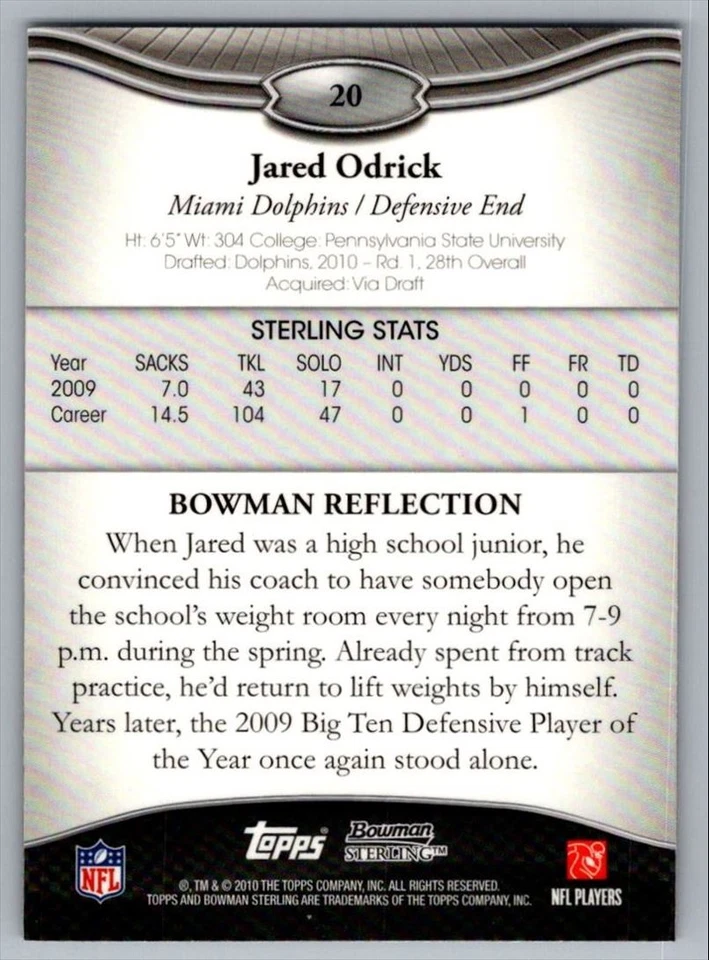 2010 Bowman Sterling Jared Odrick Rookie Miami Dolphins #20 - Image 2 of 2