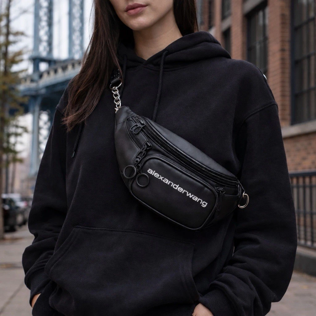Alexander Wang Black Leather Belt Bag Fanny Pack Chain Crossbody