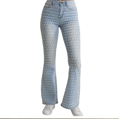NWOT Venus Laser Cut Flare Light Blue Stretch Jeans with Frayed Bottom (6)