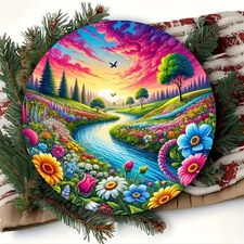 Vibrant Sunset Pine Floral Landscape Round Wall Art