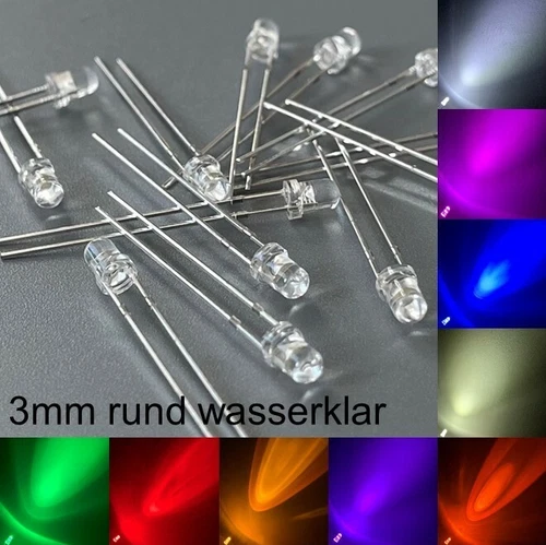 3mm LEDs Round Water Clear All Colours Inc Resistors Light Emitting Diodes LED 3mm