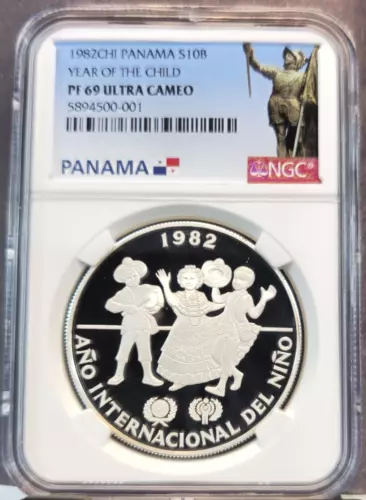 1982 PANAMA SILVER 10 BALBOAS YEAR OF THE CHILD NGC PF 69 ULTRA CAMEO SCARCE