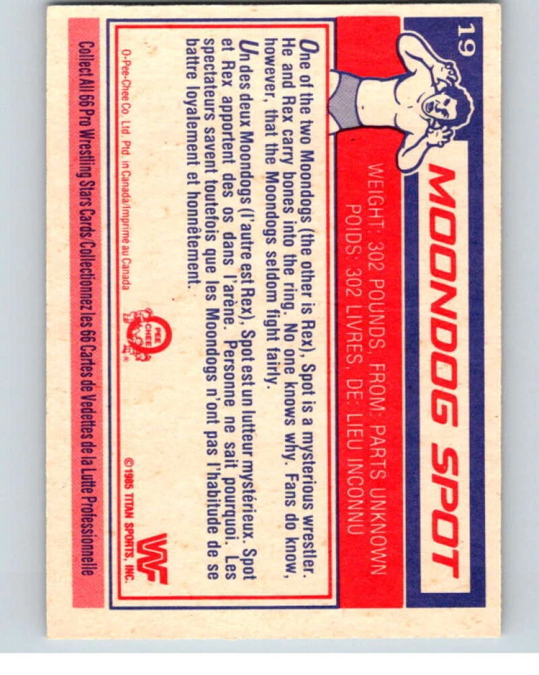 1985 O-Pee-Chee WWF #19 Moondog Spot  V65710 - Image 2 of 2