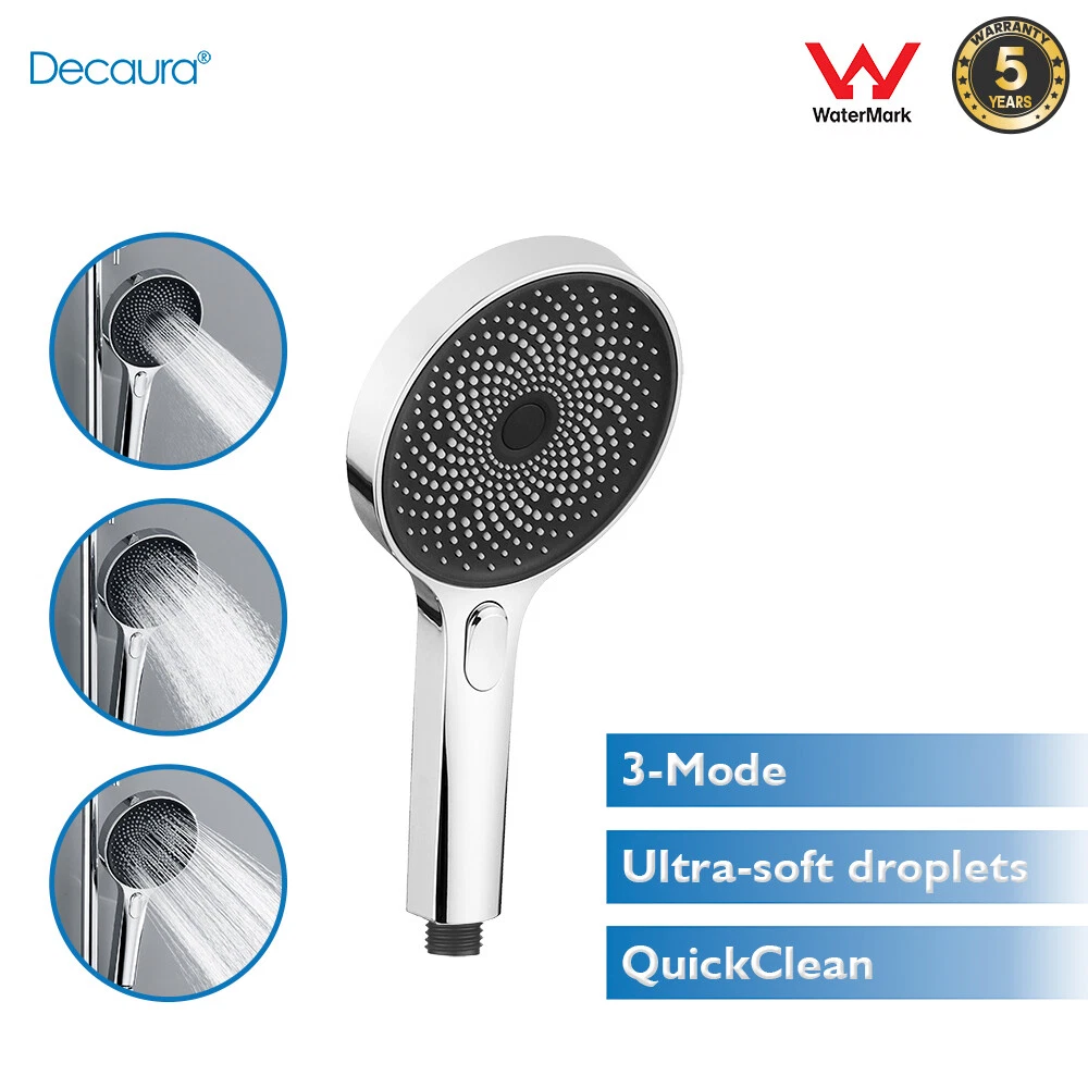 Decaura Large 130mm Hand Held Shower Head Bathroom Quick Clean Chrome 3-Mode ABS