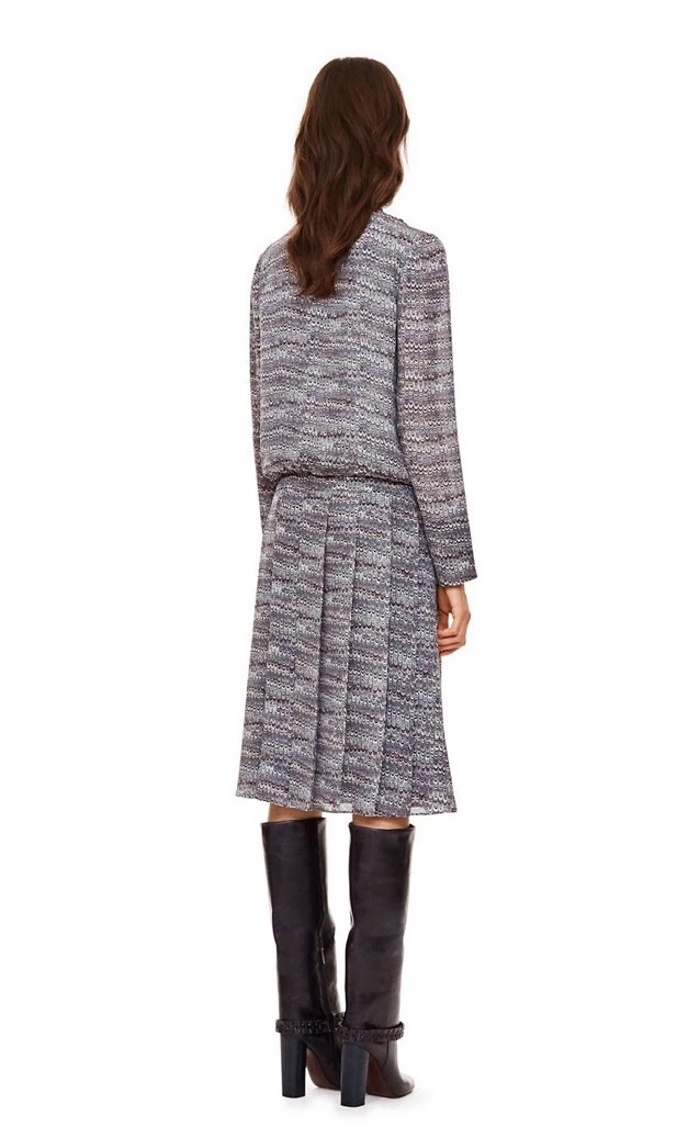 Abito a pieghe Tory Burch da donna grigio stampato in seta nuovo con etichette taglia 2