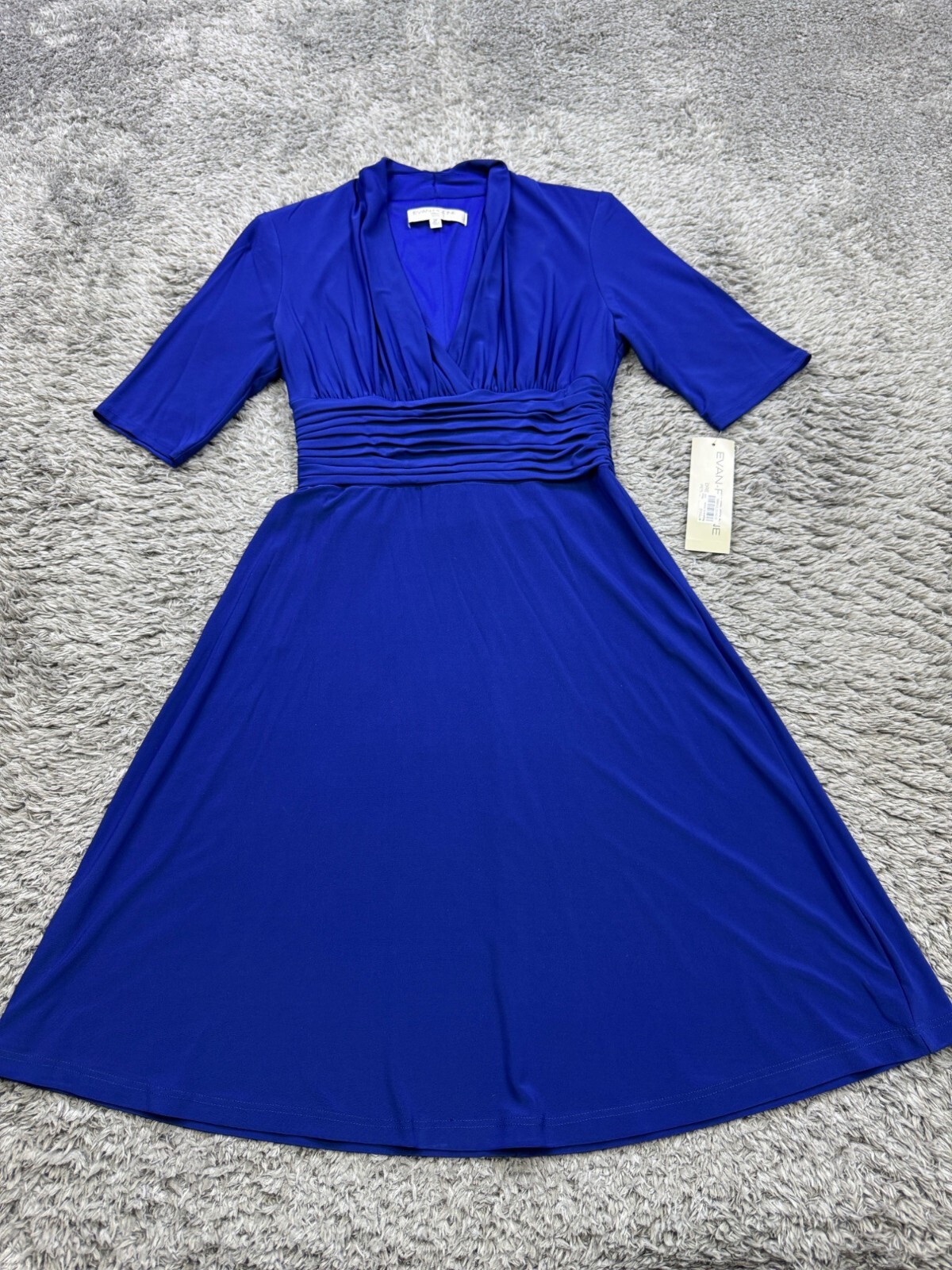 Evan Picone Dress Women 2 Petite Royal Blue Ruched Peasant Wrap Flare Midi NWT