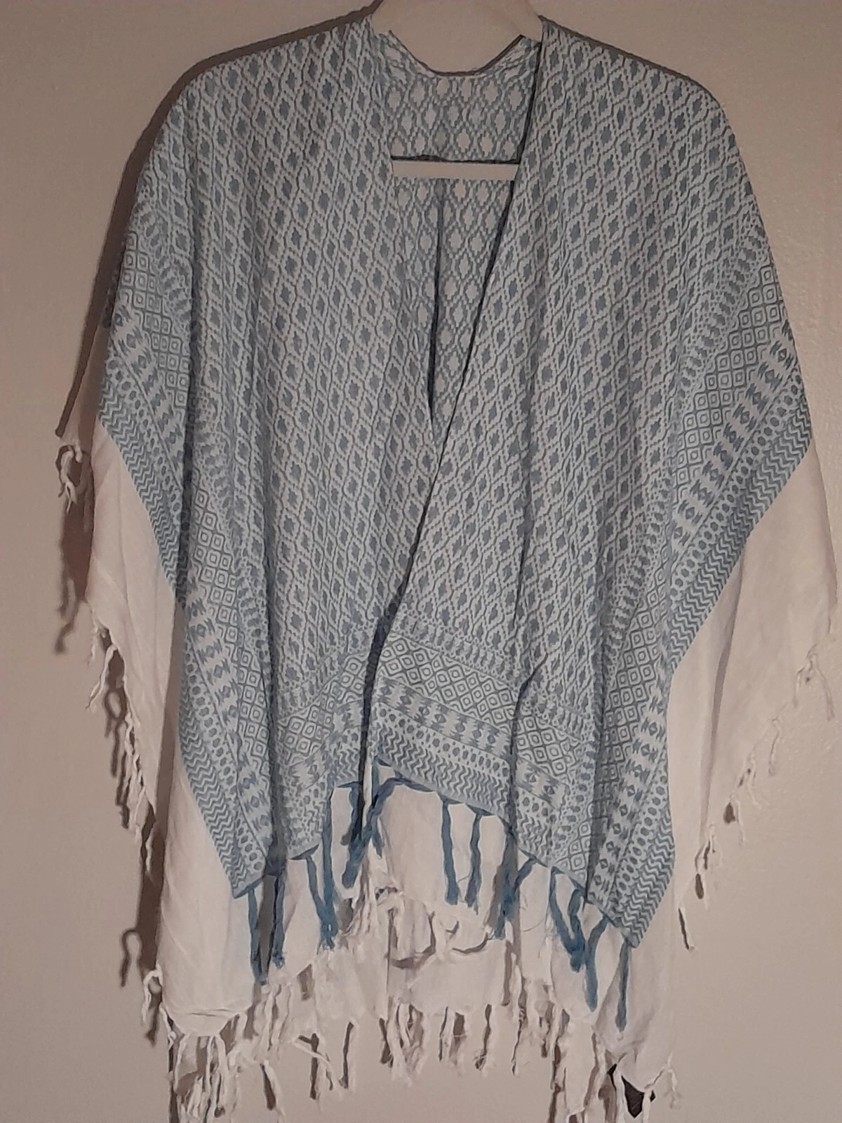 Vince Camuto OS Shawl Poncho Cape Beige Blue Fringe Hem 100 % Cotton