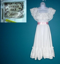 Vtg 70s Gunne Sax by Jessica White Ruffled Dress W/ Pink Ribbon Sash Sz XS/S