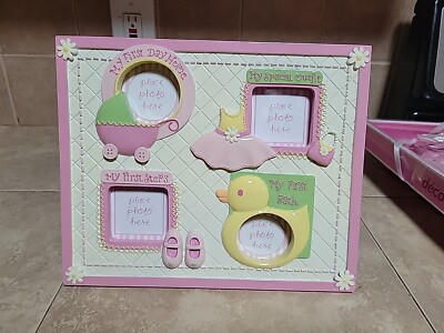 Baby Girl First Milestones Multi-Photo Frame - Pink & Green 3D Resin 4-Opening