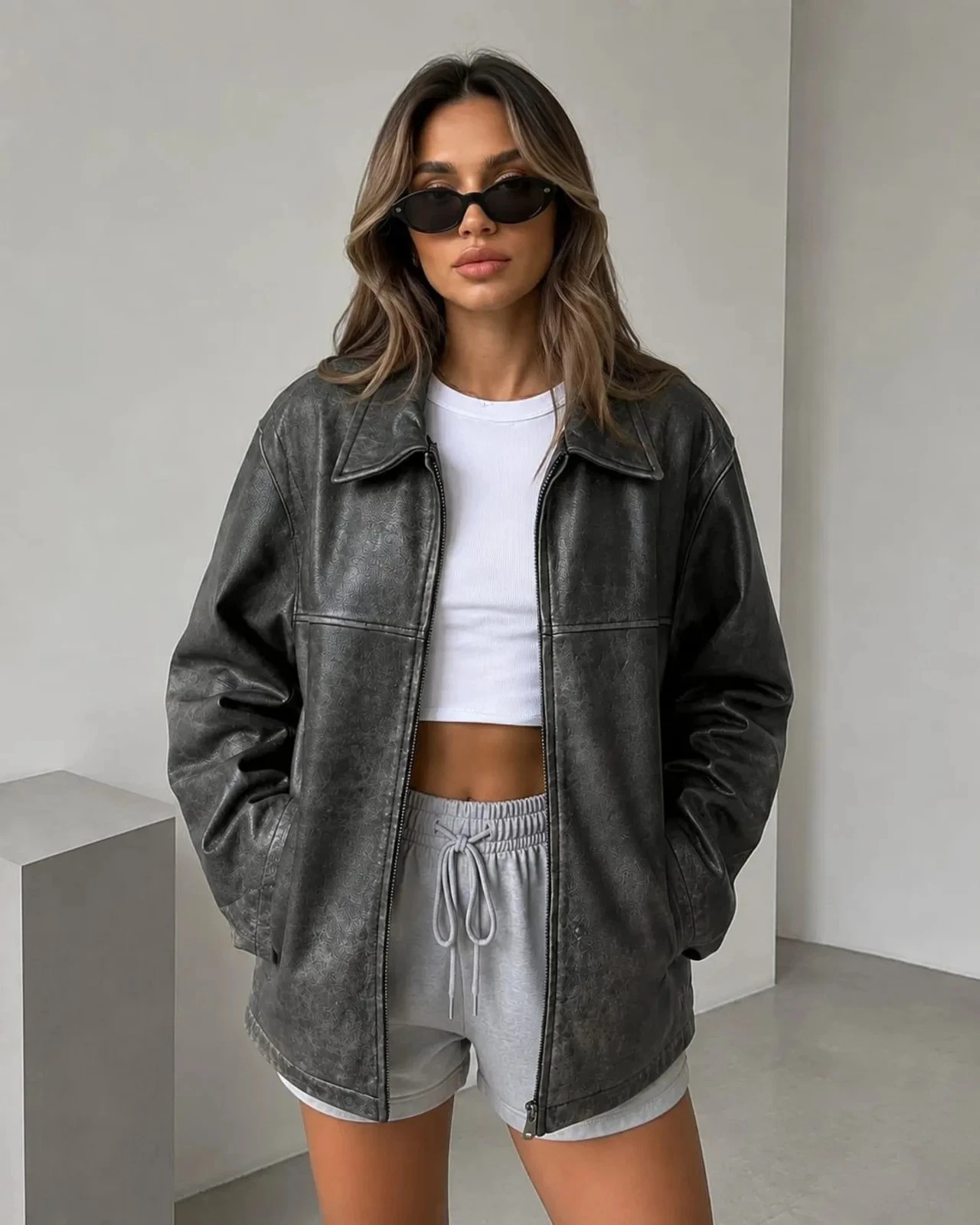 Genuine Sheep Leather Jacket Women, Oversized Distressed Grey Leather image 1